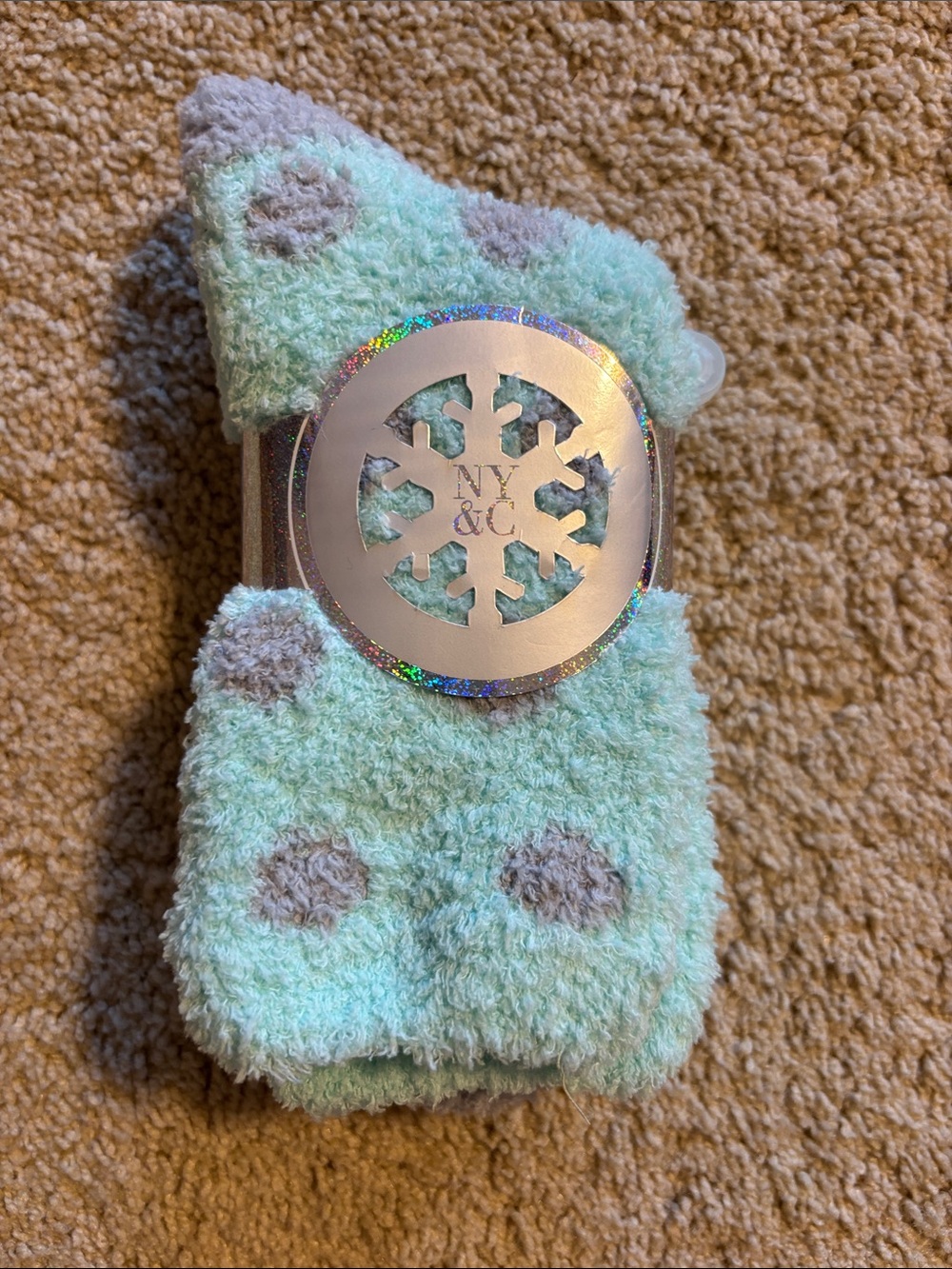 New York & Company Mint and Gray Plush Polka Dot Fuzzy Socks